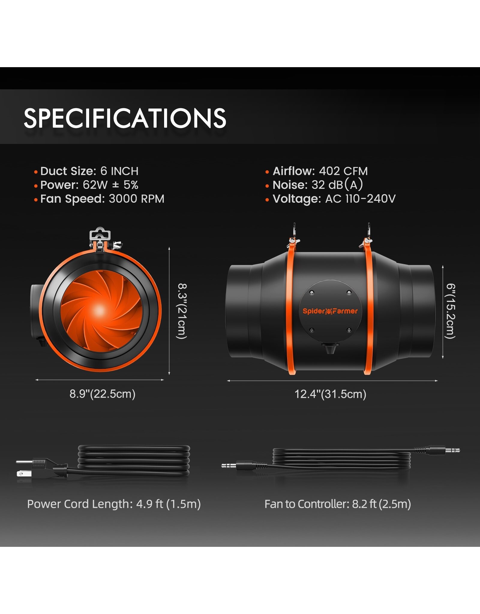 Spider Farmer Spider Farmer 6INCH  Inline Duct Fan with Temperature Humidity Controller 402 CFM  KIT