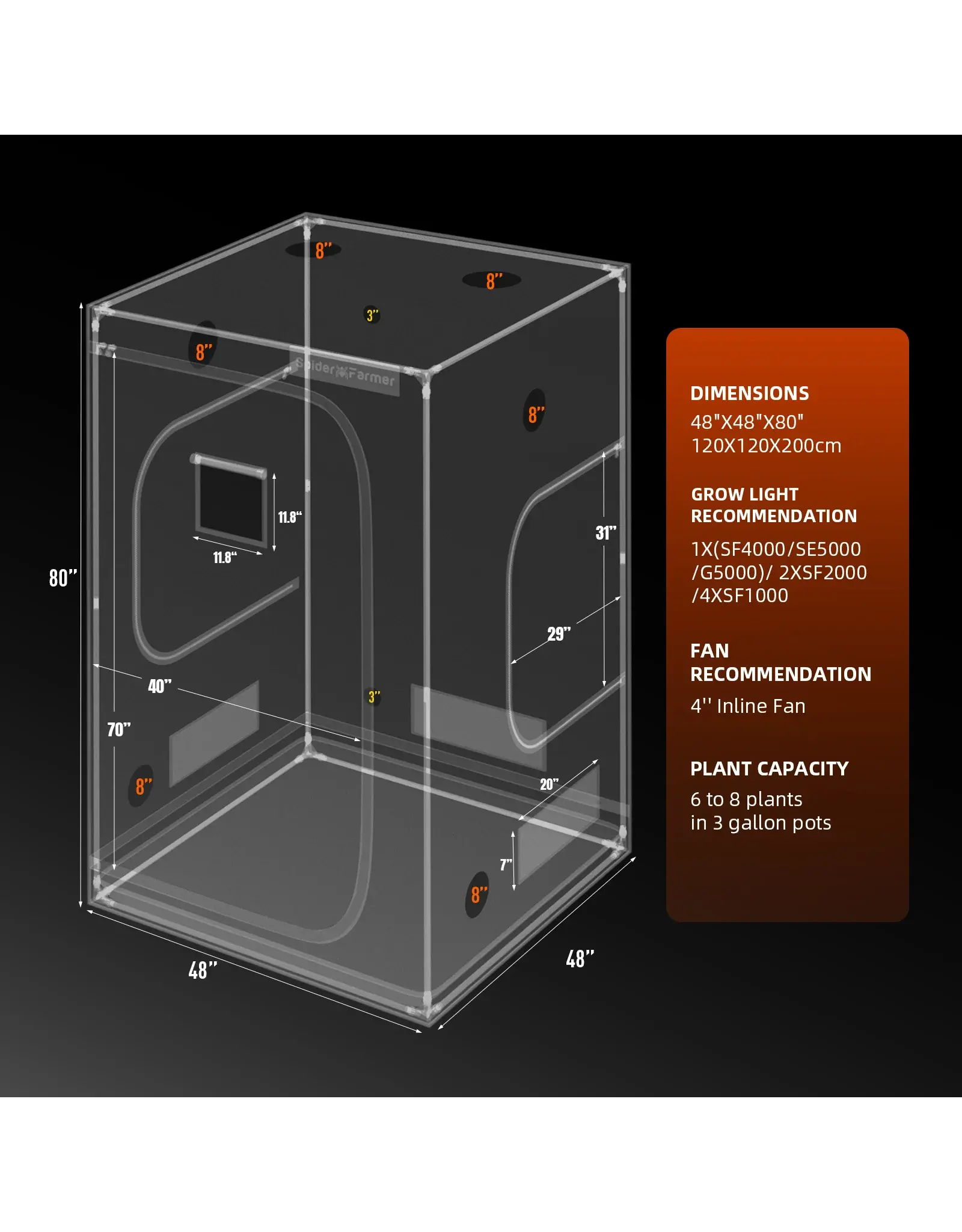 Spider Farmer Spider Farmer 120x120x200cm Complete Grow Tent Kit With  Program  Controller G5000 (480W)