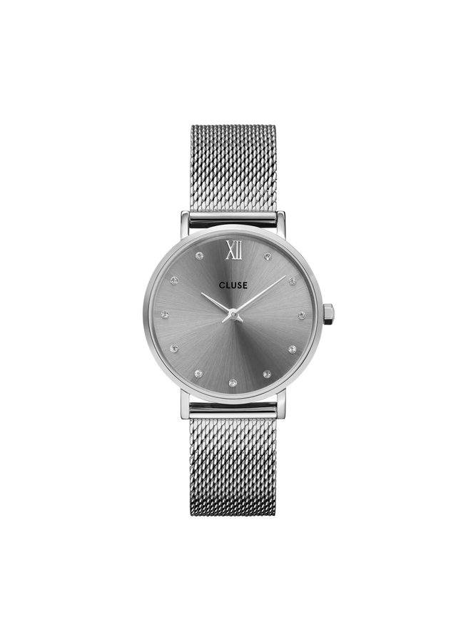 CLUSE horloge Minuit Mesh Crystals  Zilverkleurig/Grijs