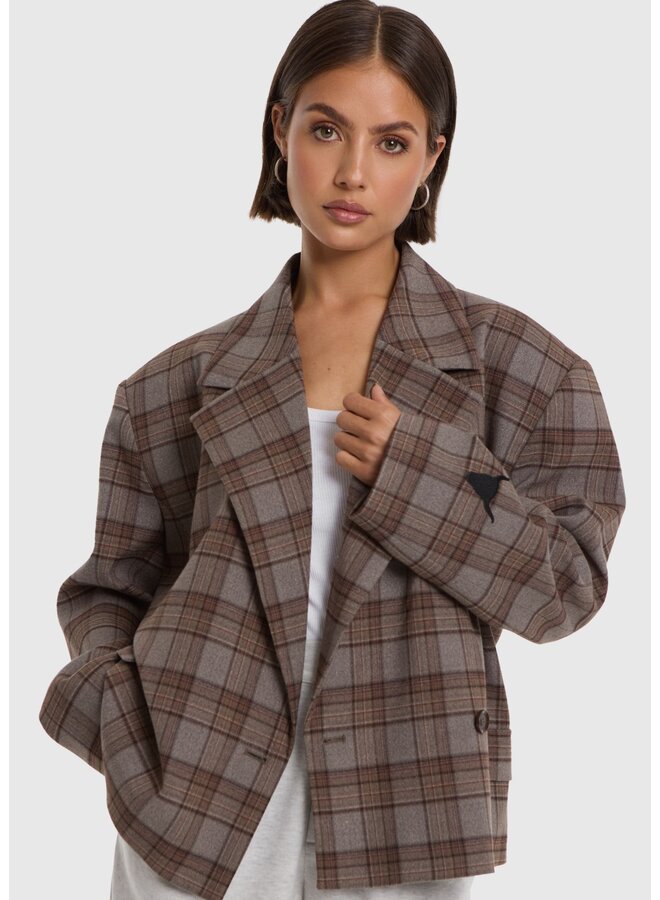 Blazer Cropeed Check Warm Brown