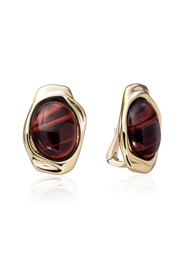 Sparkling Jewels oorstekers Flow Push Back Red Tiger Eye Goudkleurig