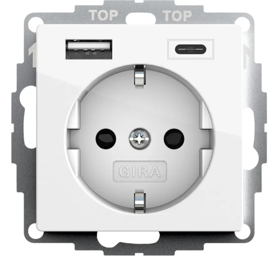 Schuko-Steckdose USB-A und USB-C erhöhtem Berührungsschutz System 55 weiß glänzend (245903)