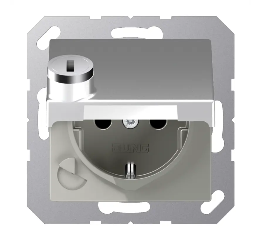 Schuko-Steckdose Safety+ mit Klappdeckel und Sicherheitsschloss ohne Befestigungskrallen A-range aluminium (A 1520 NBFKLSL AL)