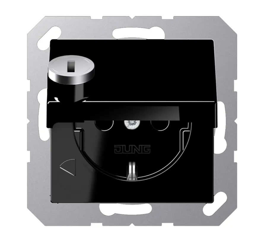 Schuko-Steckdose Safety+ mit Klappdeckel und Sicherheitsschloss ohne Befestigungskrallen A-range schwarz glänzend (A 1520 NBFKLSL SW)