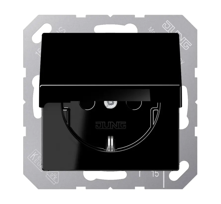 Schuko-Steckdose Safety+ mit Klappdeckel ohne Befestigungskrallen A-range schwarz glänzend (A 1520 NBFKIKL SW)