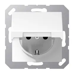 JUNG Schuko-Steckdose Safety+ mit Klappdeckel ohne Befestigungskrallen A-range schneeweiß matt (A 1520 NBFKIKL WWM)