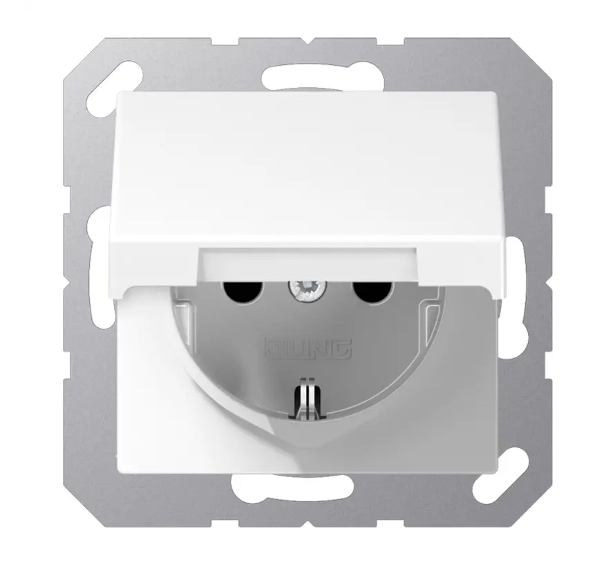 Schuko-Steckdose Safety+ mit Klappdeckel ohne Befestigungskrallen A-range schneeweiß matt (A 1520 NBFKIKL WWM)