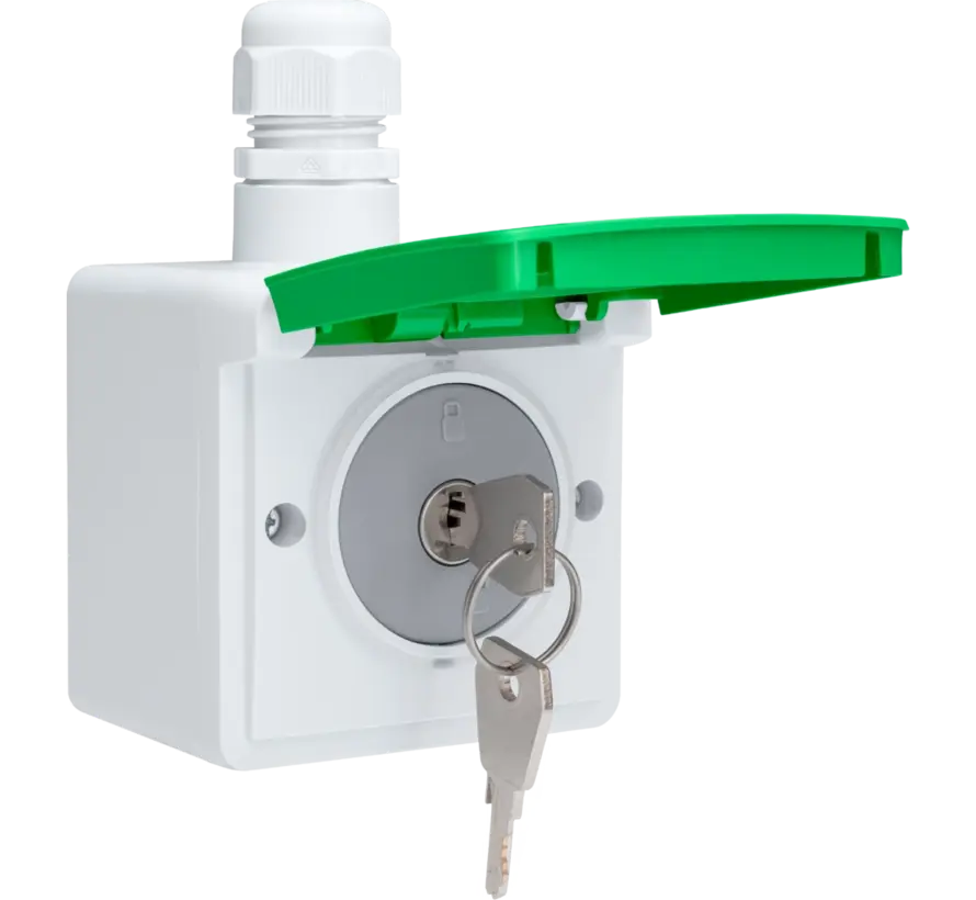 Hydro Schuko-Steckdose mit Klappdeckel Aufputzgehäuse Schloss und Symbol E-Bike grau/grün (700-37871)