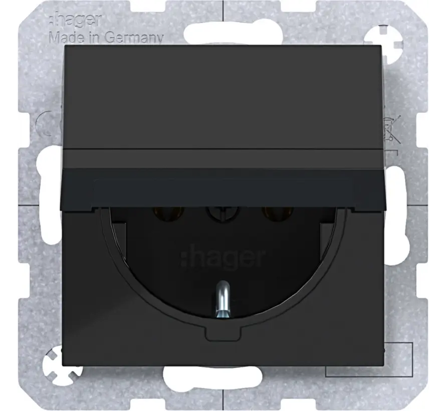 Schuko-Steckdose mit Klappdeckel A1/A8/C1/C8 nachtschwarz glänzend (WAS1110BG)