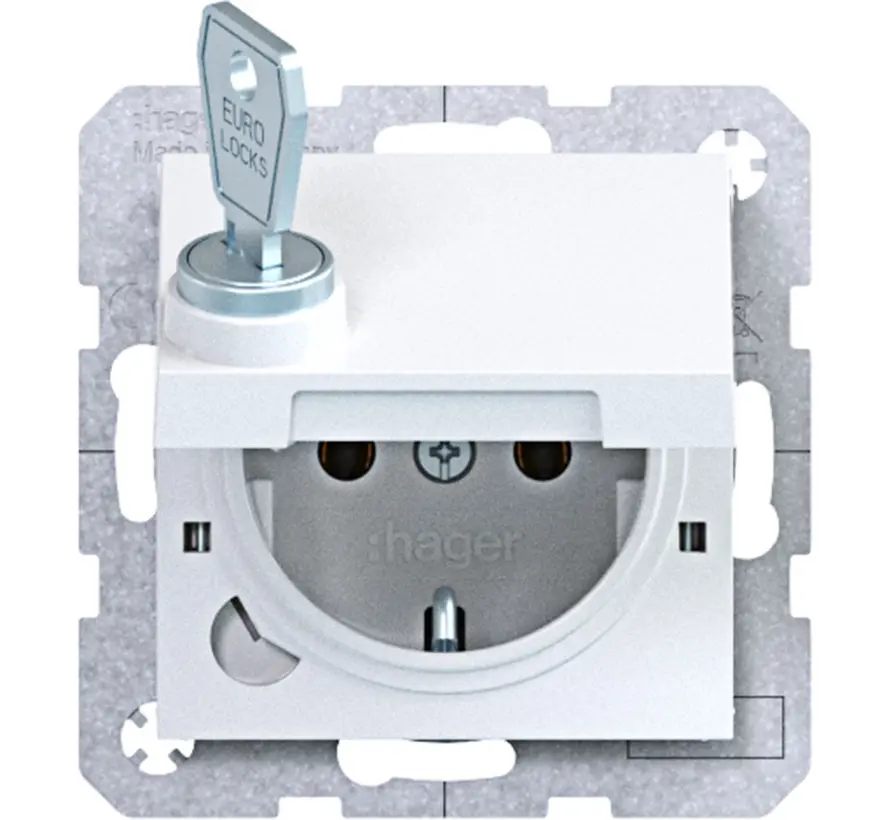 Schuko-Steckdose mit Klappdeckel und Schloss A1/A8/C1/C8 lichtweiß glänzend (WAS1115WG)
