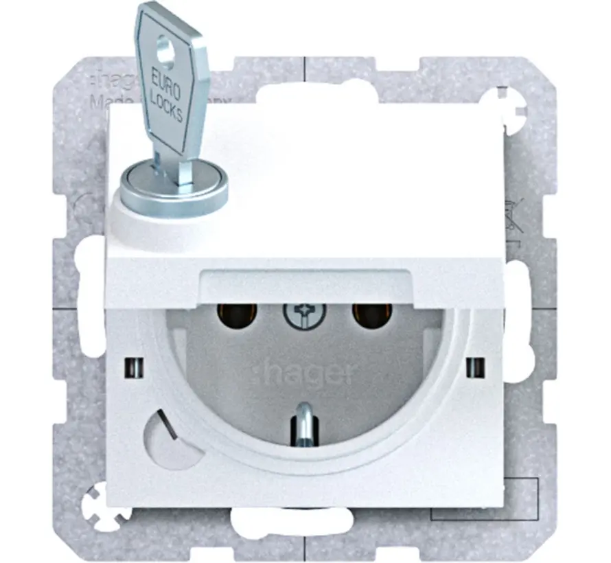 Schuko-Steckdose mit Klappdeckel und Schloss A1/A8/C1/C8 lichtweiß matt (WAS1115WM)
