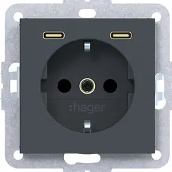 Hager Berker Schuko-Steckdose mit 2x USB-C A1/A8/C1/C8 anthrazit matt (WAS4055AT)