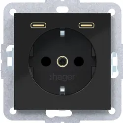 Hager Berker Schuko-Steckdose mit 2x USB-C A1/A8/C1/C8 nachtschwarz glänzend (WAS4055BG)