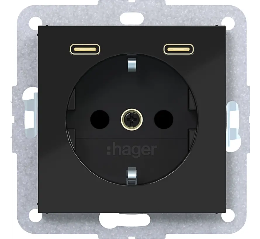 Schuko-Steckdose mit 2x USB-C A1/A8/C1/C8 nachtschwarz glänzend (WAS4055BG)