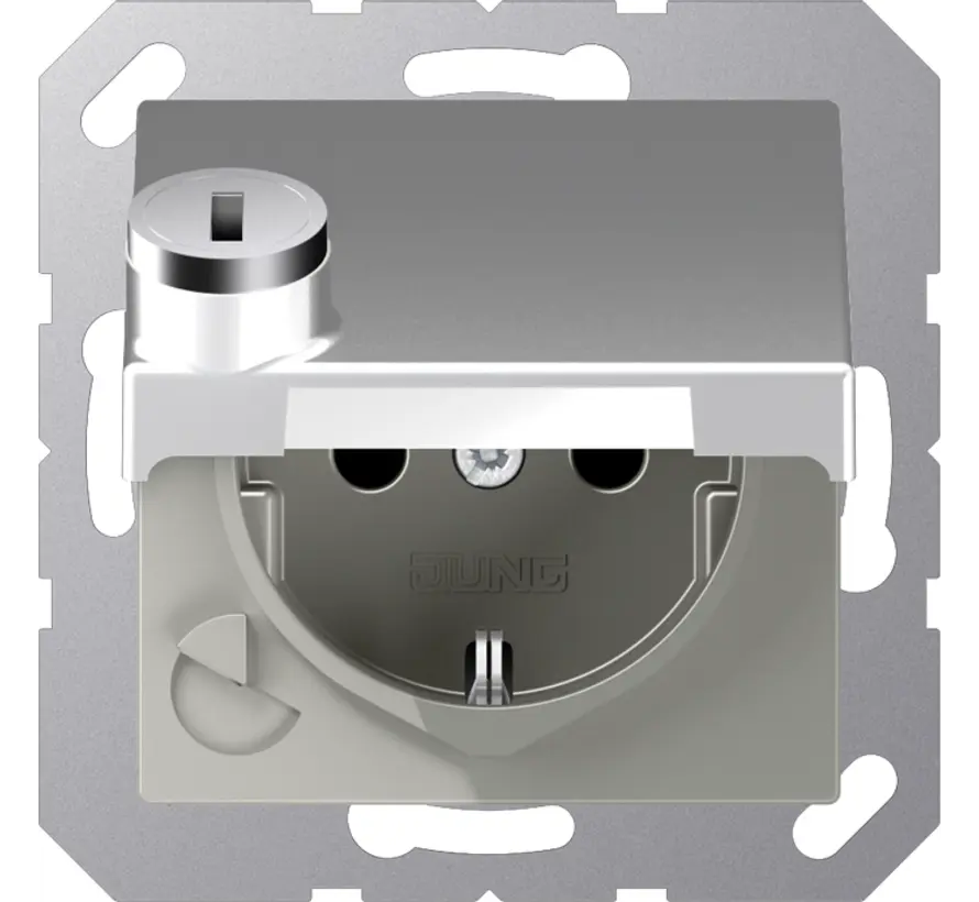 Schuko-Steckdose Safety+ mit Klappdeckel und Sicherheitsschloss ohne Befestigungskrallen A-range aluminium (A 1520 NBFKLSL AL)