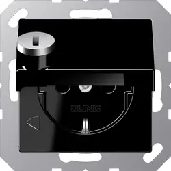 JUNG Schuko-Steckdose Safety+ mit Klappdeckel und Sicherheitsschloss ohne Befestigungskrallen A-range schwarz glänzend (A 1520 NBFKLSL SW)