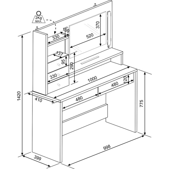 Trasman Kaptafel Vanity Basic - Make-up tafel - Wit