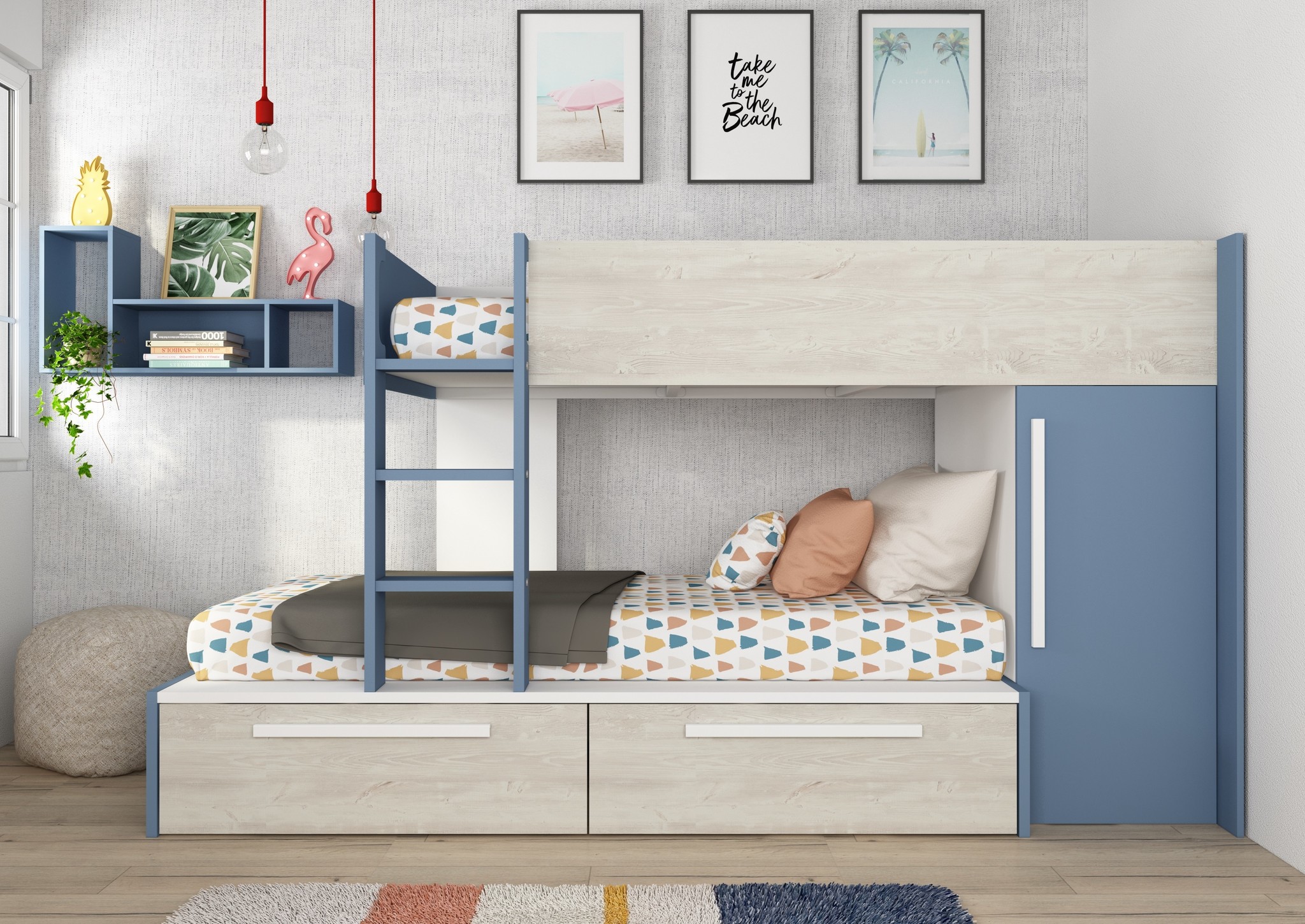 Stapelbed Jules blauw met kast en 2 lades