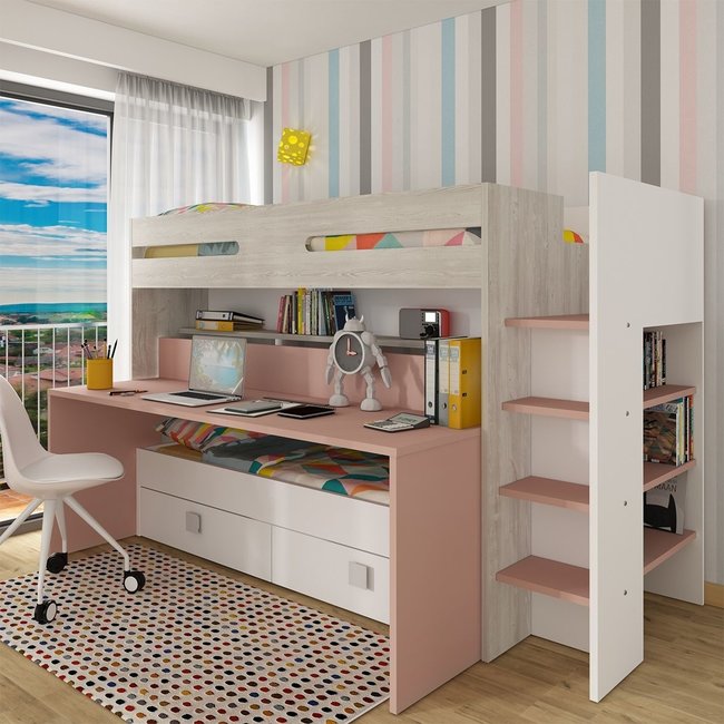 Trasman Hoogslaper Spectra Roze met bureau en bed