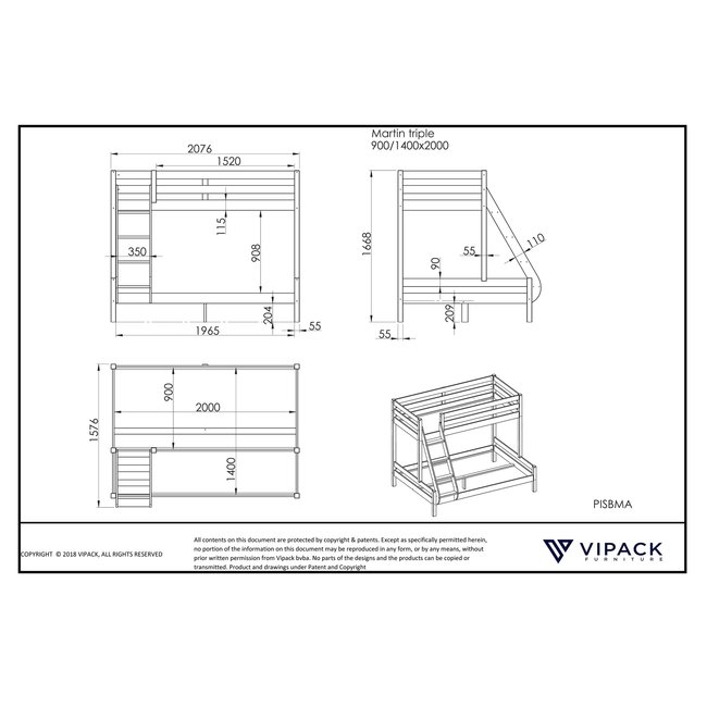 Vipack Stapelbed familiebed Martin  3 pers. Natuur 90/ 140 x 200 cm