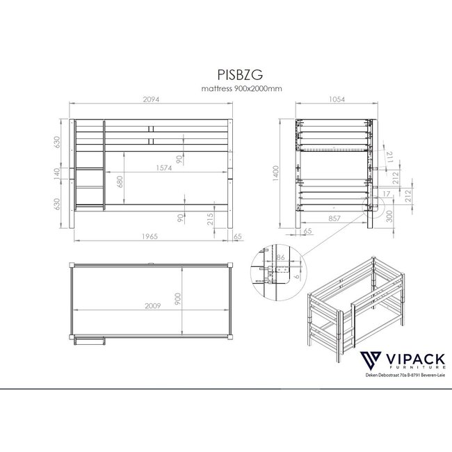 Vipack Stapelbed Pino Natuur gelakt - 140 cm hoog
