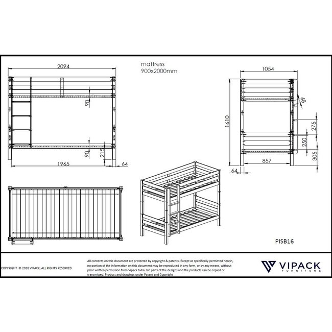Vipack Stapelbed Pino Wit - 160 cm hoog