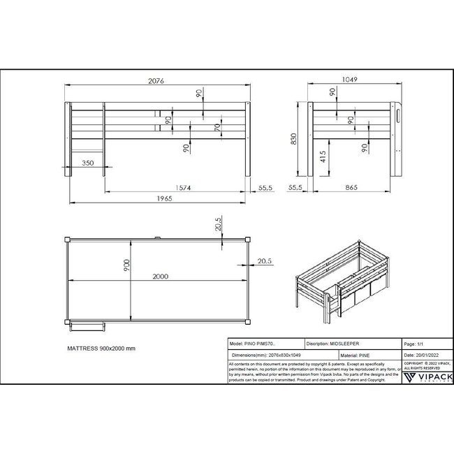 Vipack Halfhoogslaper Pino Wit 90x200
