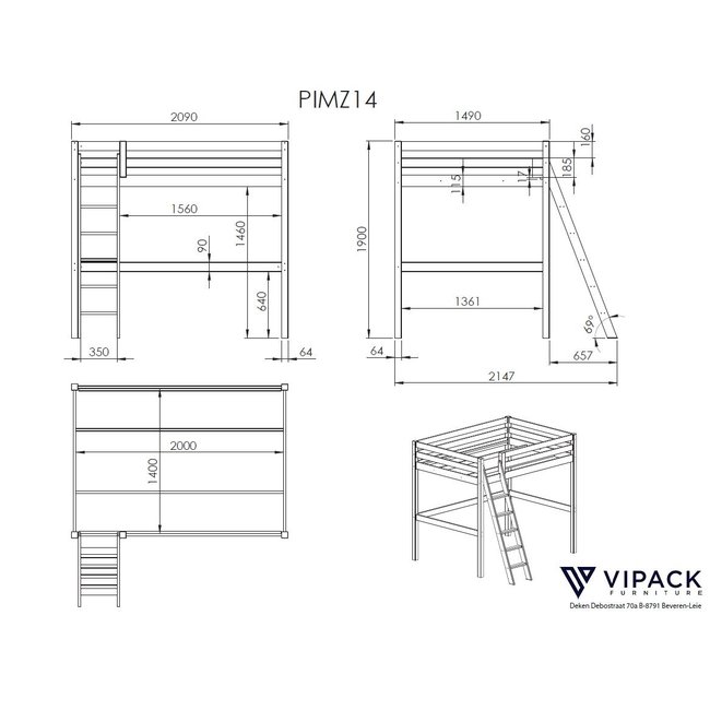 Vipack Hoogslaper Pino 140 x 200 cm - Wit