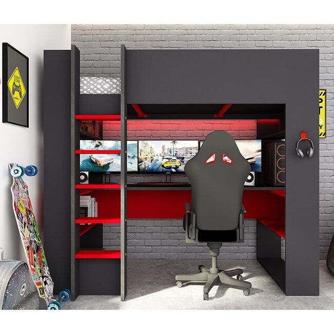 Trasman Hoogslaper The Cube Gamingbed - Antraciet met Rood