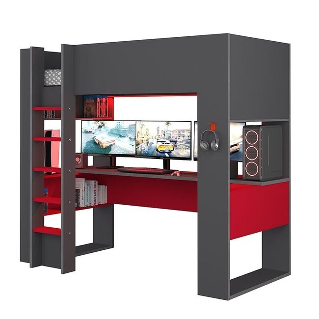 Trasman Hoogslaper The Cube Gamingbed - Antraciet met Rood