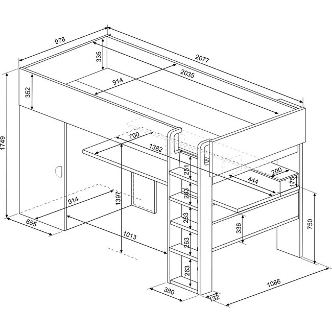 Trasman Hoogslaper Flow eiken/antraciet-90x200cm