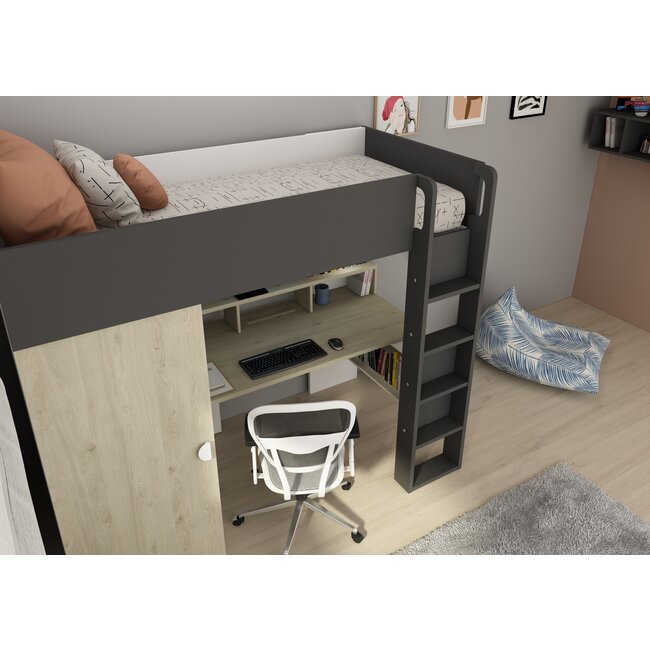 Trasman Hoogslaper Flow eiken/antraciet-90x200cm