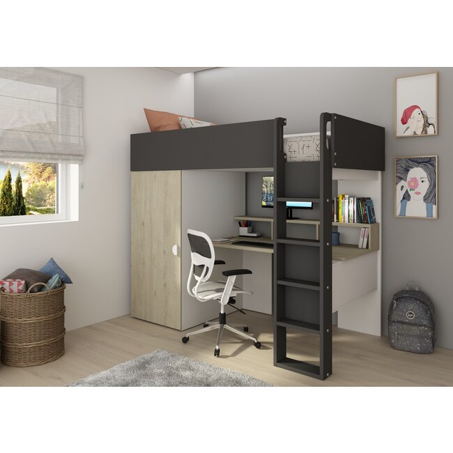 Trasman Hoogslaper Flow eiken/antraciet-90x200cm