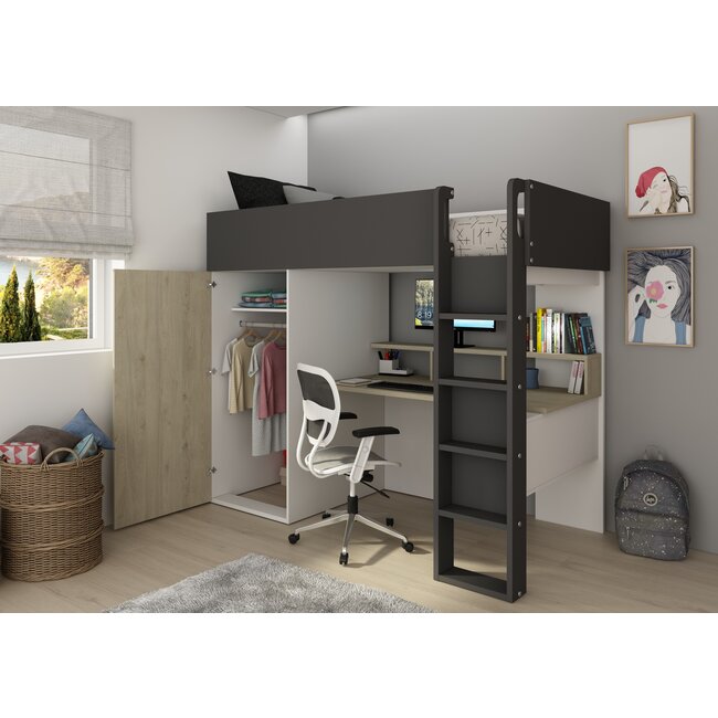 Trasman Hoogslaper Flow eiken/antraciet-90x200cm