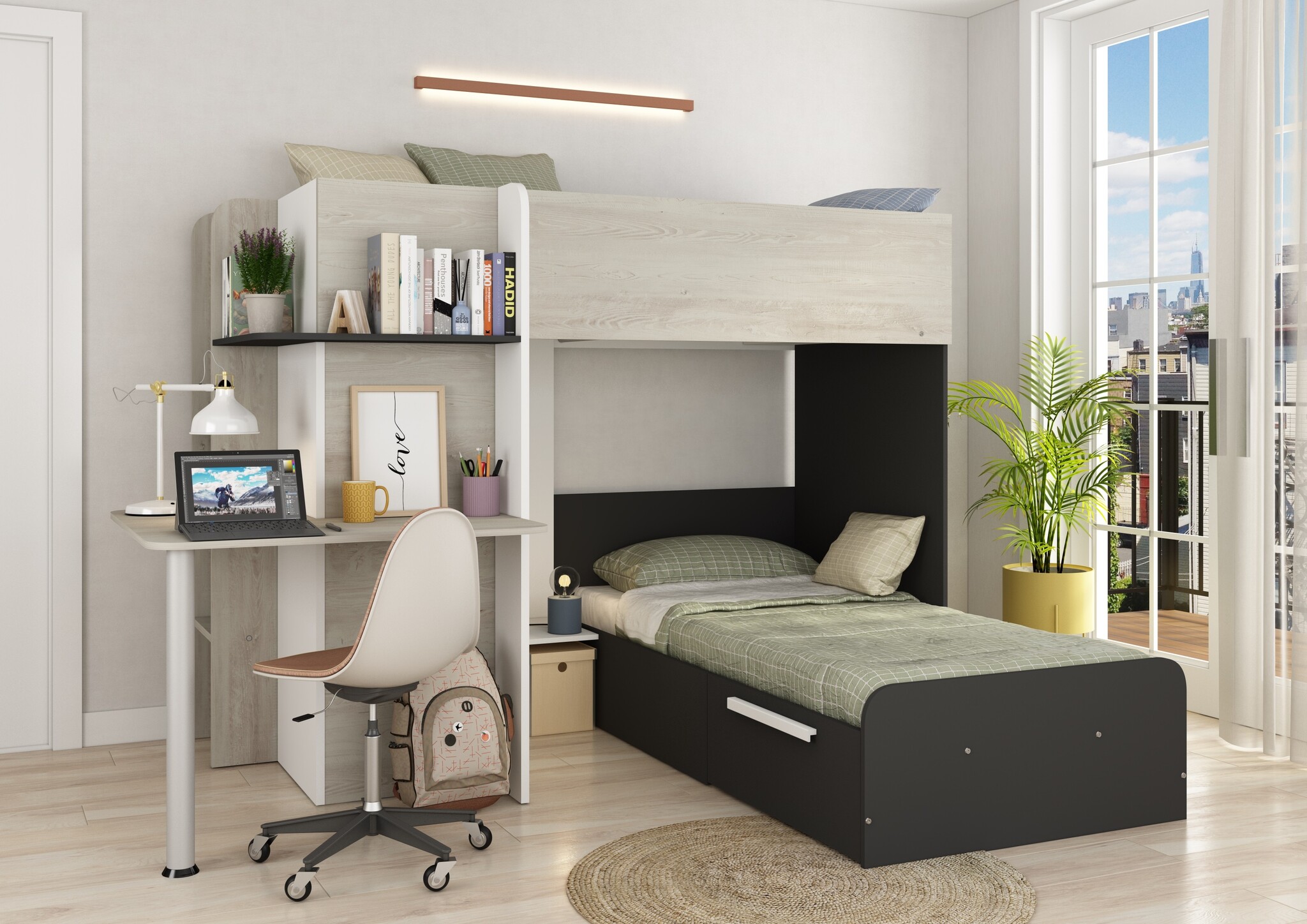 Stapelbed Palatino met kast en bureau Antraciet- 90×190 cm