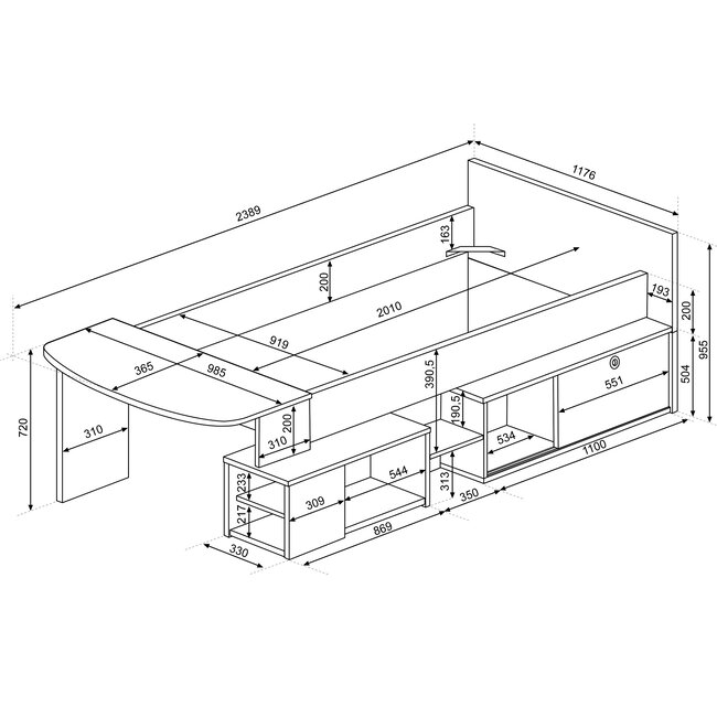 Trasman Kinderbed Gaby met bureau Wit/ Eik -90x200 cm