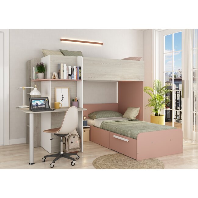 Trasman Stapelbed Palatino met kast en bureau Roze-  90x190 cm