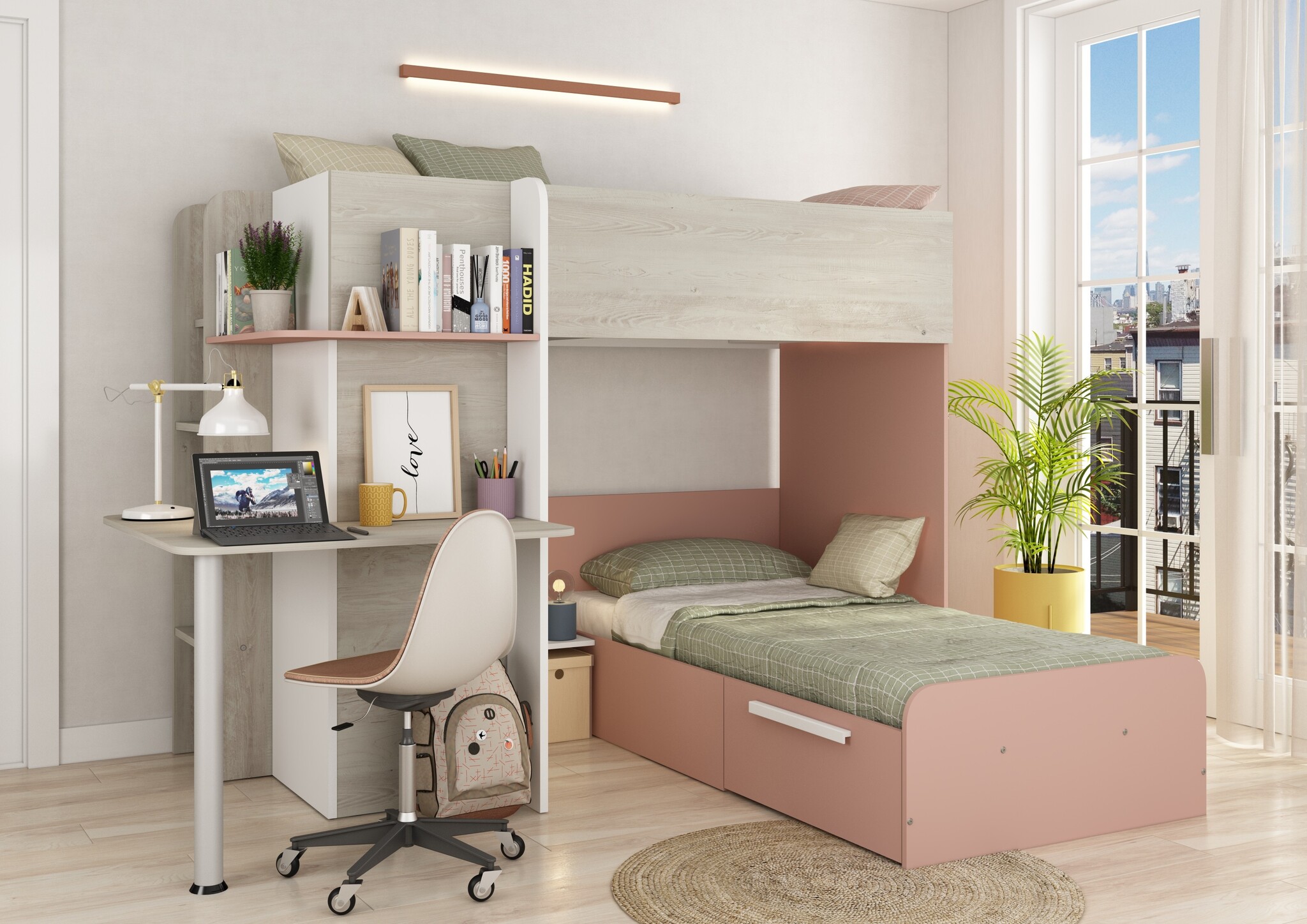 Stapelbed Palatino met kast en bureau Roze- 90x190 cm
