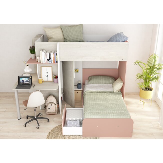 Trasman Stapelbed Palatino met kast en bureau Roze-  90x190 cm
