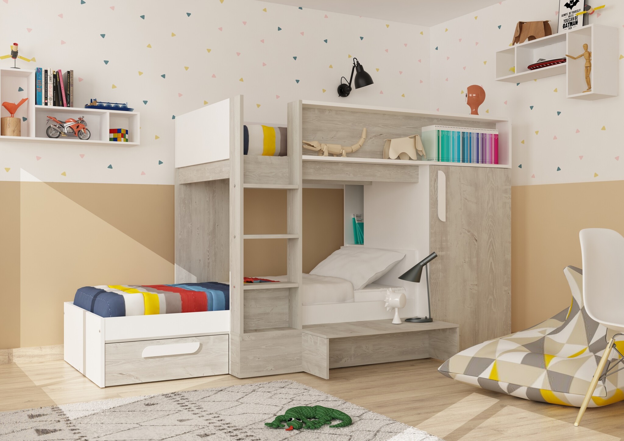 Stapelbed Beau- Grijs eiken met kast en lade