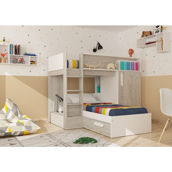 Trasman Stapelbed Beau- Grijs eiken met kast en lade