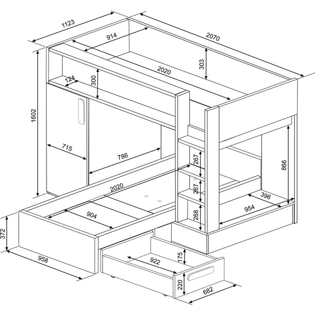 Trasman Stapelbed Beau- Grijs eiken met kast en lade