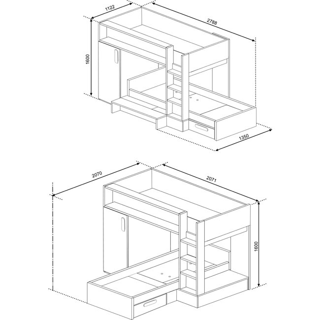 Trasman Stapelbed Beau- Grijs eiken met kast en lade