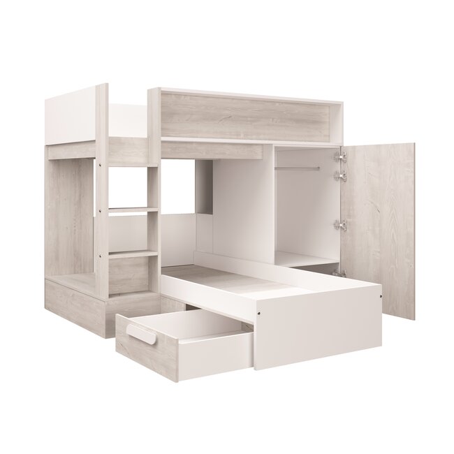 Trasman Stapelbed Beau- Grijs eiken met kast en lade