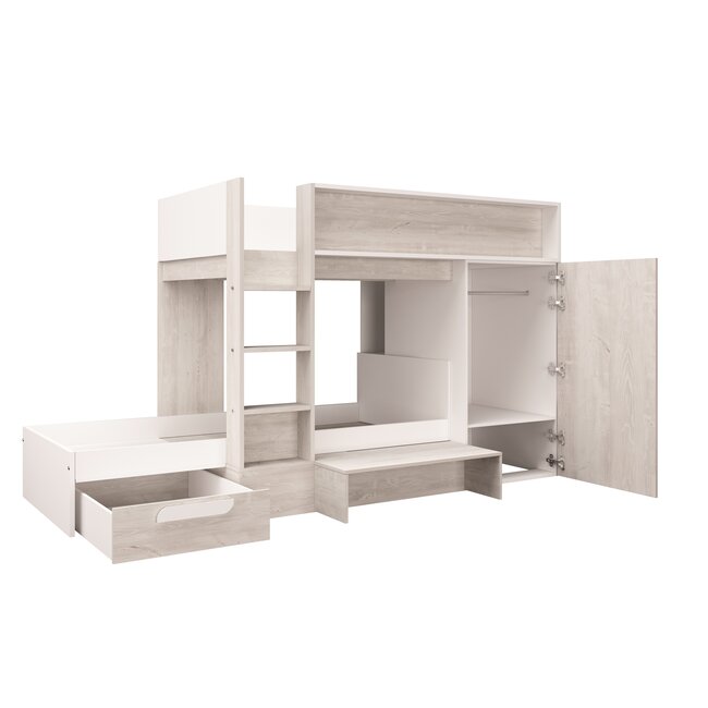 Trasman Stapelbed Beau- Grijs eiken met kast en lade