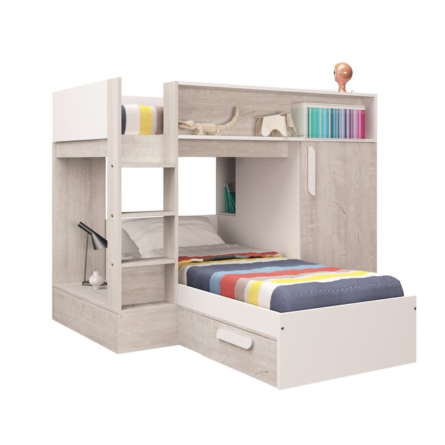 Trasman Stapelbed Beau- Grijs eiken met kast en lade