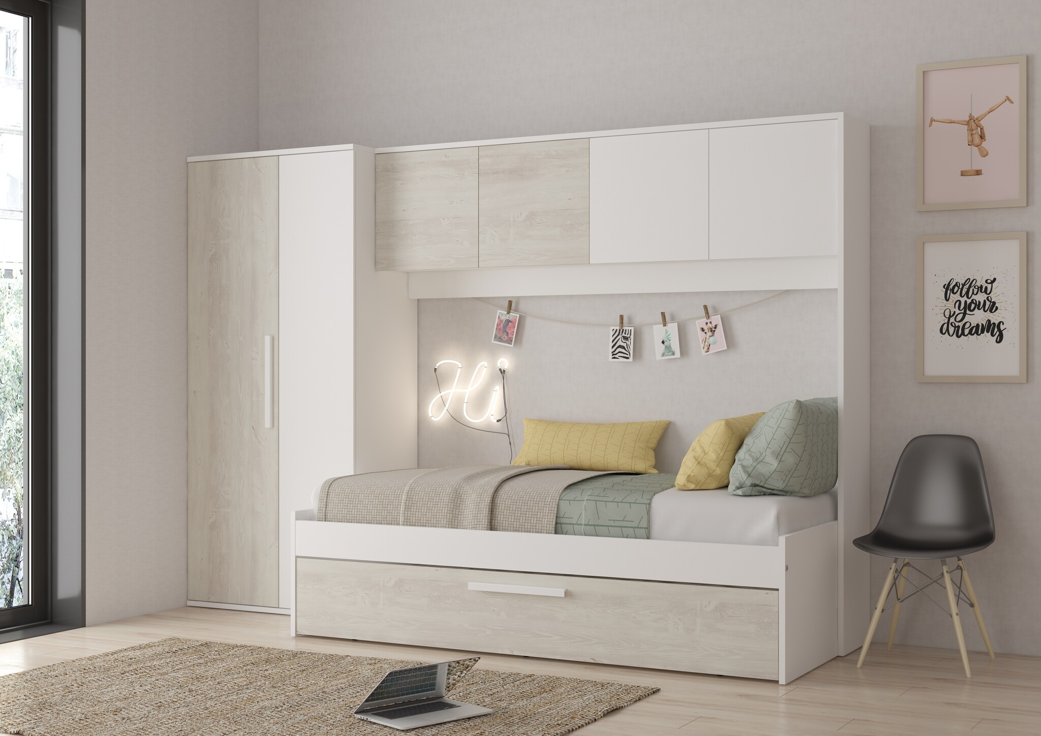 Kinderbed Artik met slaaplade en kast - Grijs eiken met wit