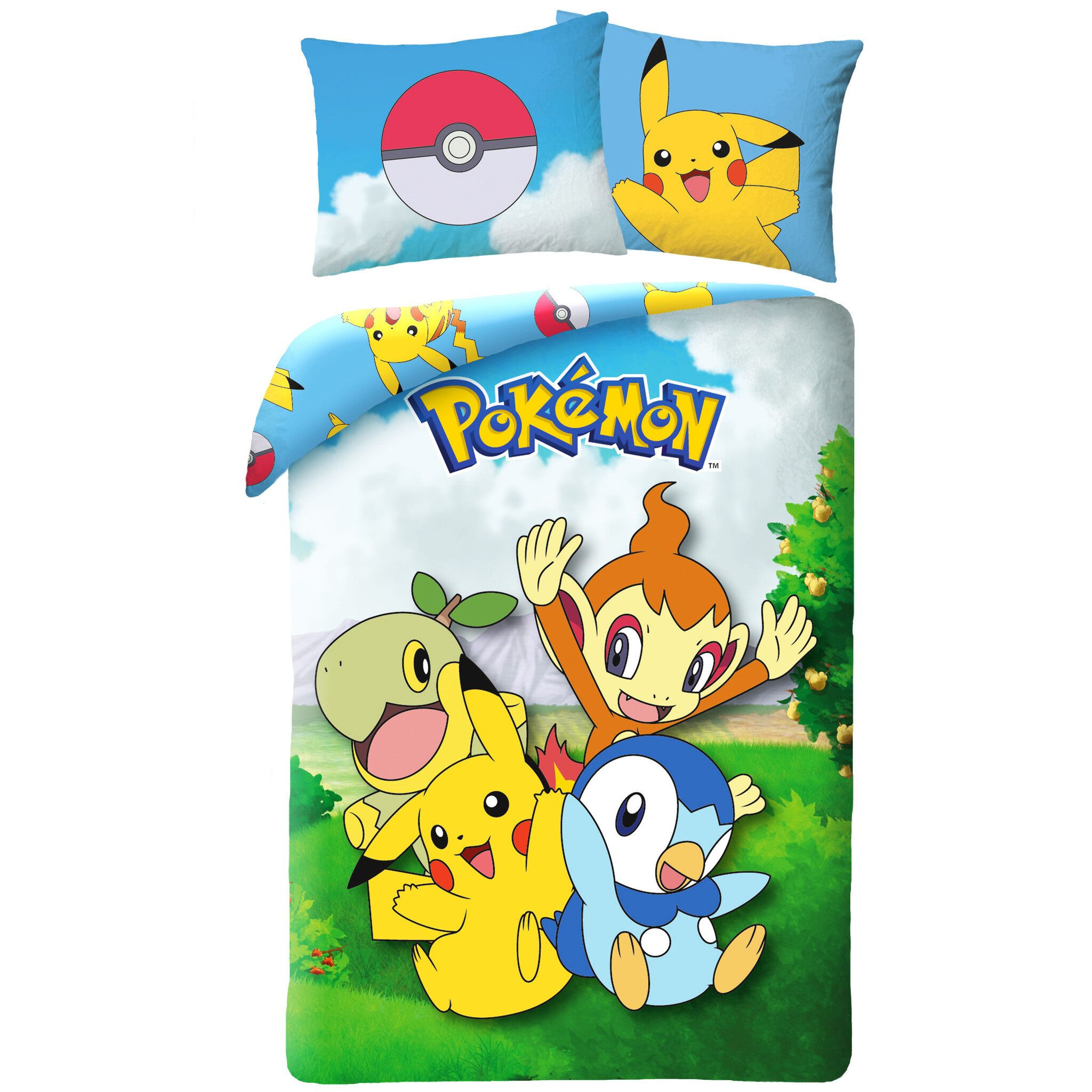 Pokémon Dekbedovertrek Piplup, Turtwig, Chimchar & Pikachu 140 x 200 cm (70 x 90 cm)