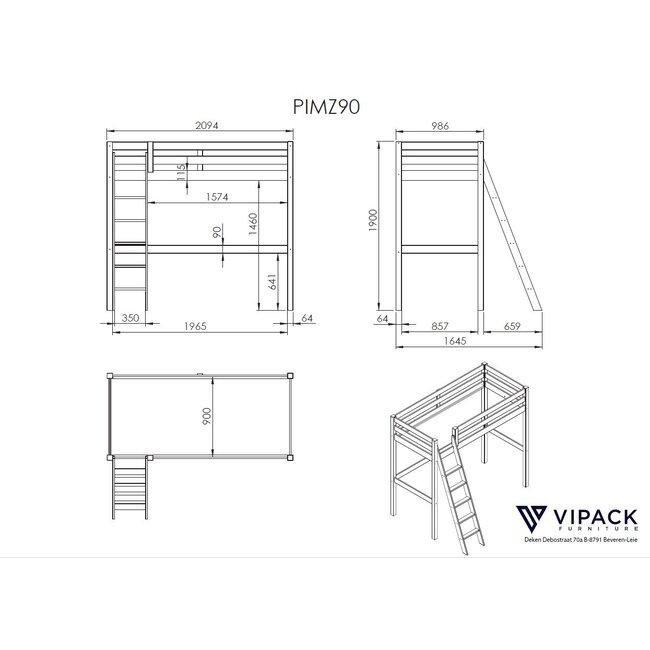 Vipack Hoogslaper Pino 90 x 200 cm - Grijs