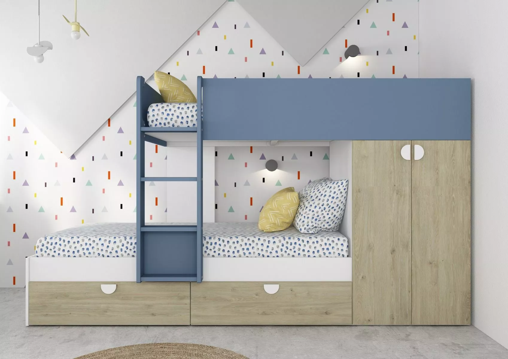 Stapelbed Flip met kast en 2 lades 90x190 cm - Witgrenen/blauw